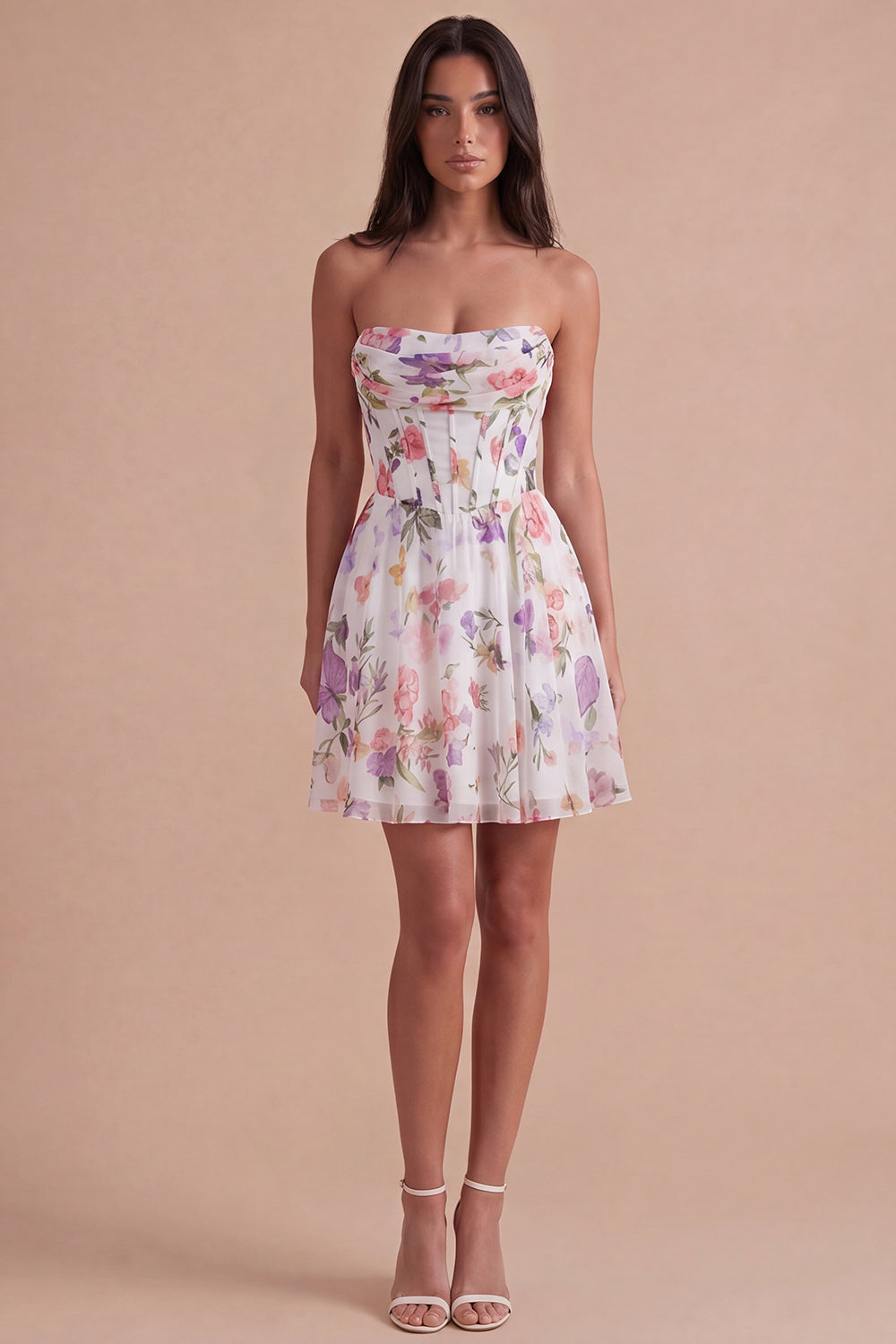 Ivory Floral Corset A Line Strapless Short Homecoming Dress