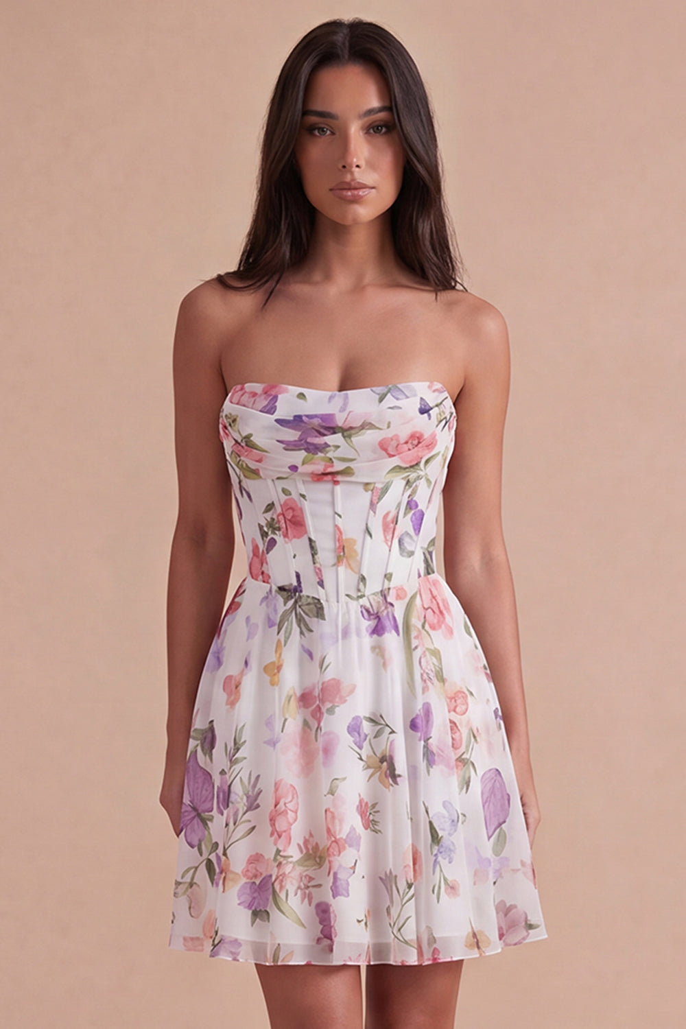 Ivory Floral Corset A Line Strapless Short Homecoming Dress
