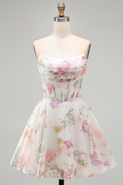 Ivory Floral Corset A Line Strapless Short Homecoming Dress