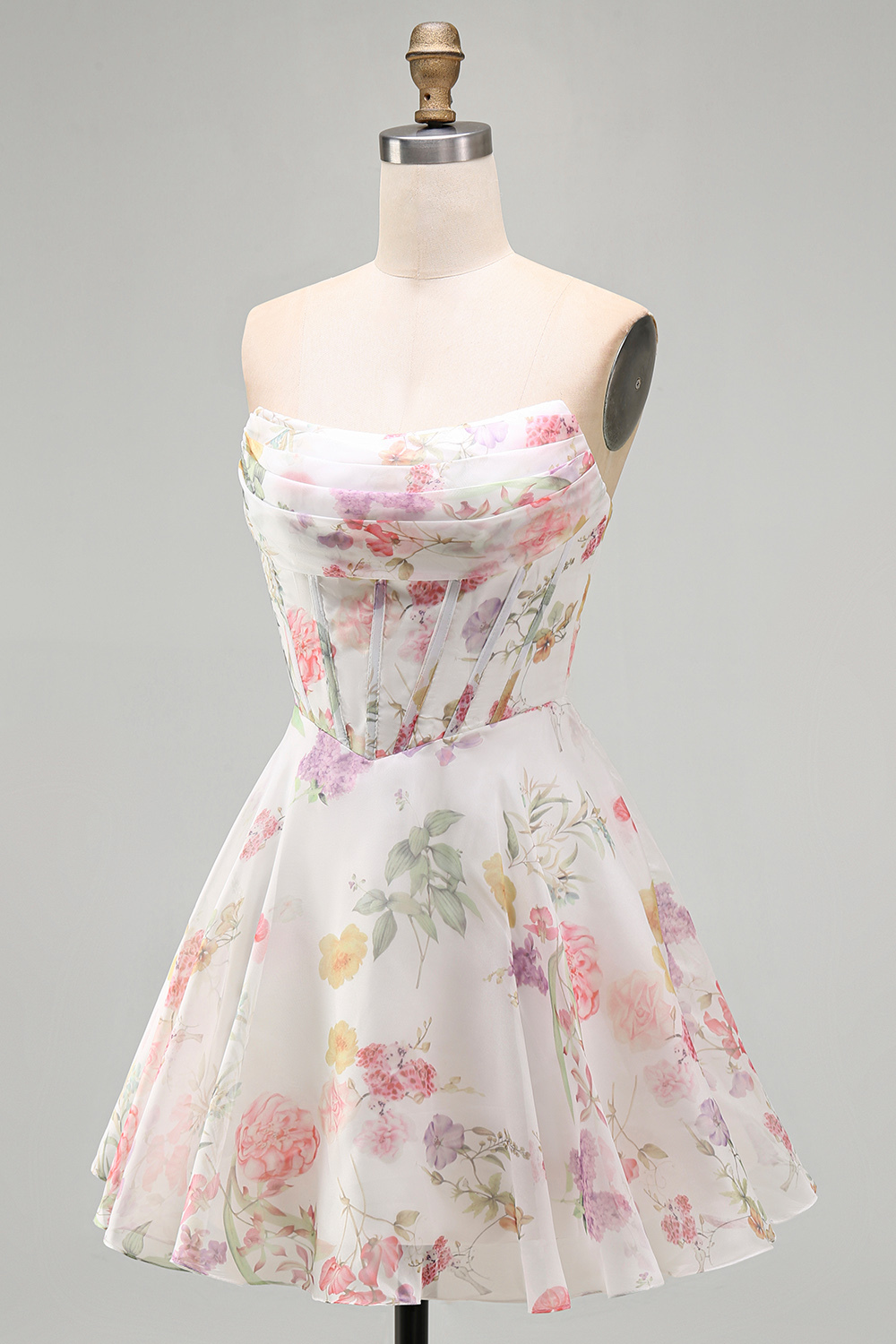 Ivory Floral Corset A Line Strapless Short Homecoming Dress