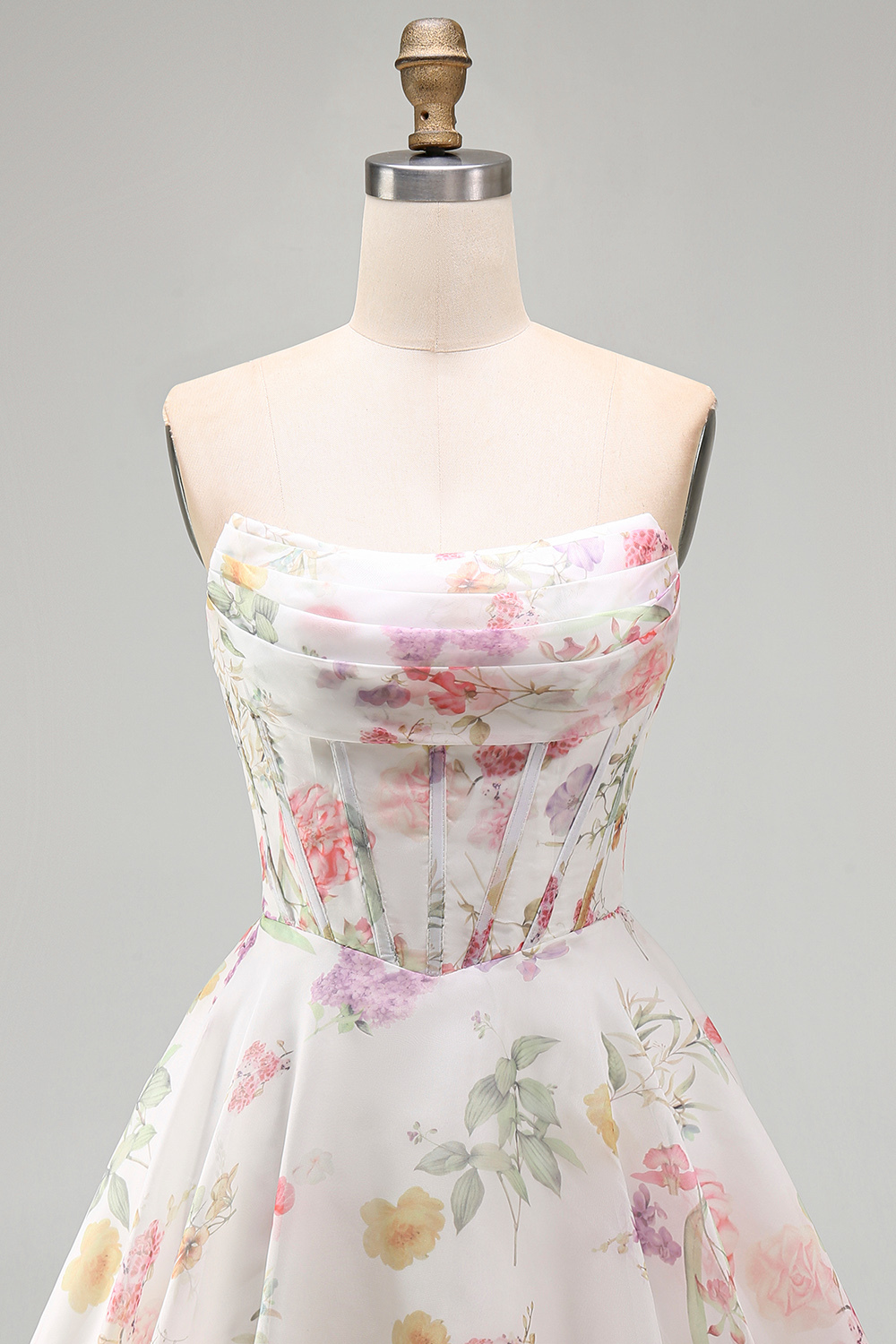 Ivory Floral Corset A Line Strapless Short Homecoming Dress
