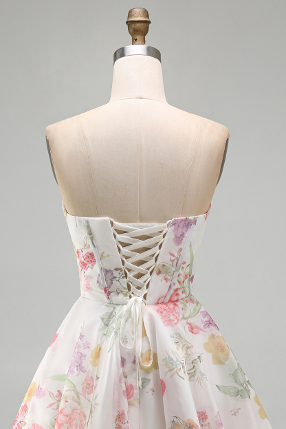 Ivory Floral Corset A Line Strapless Short Homecoming Dress