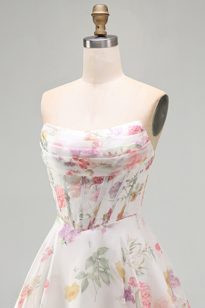 Ivory Floral Corset A Line Strapless Short Homecoming Dress