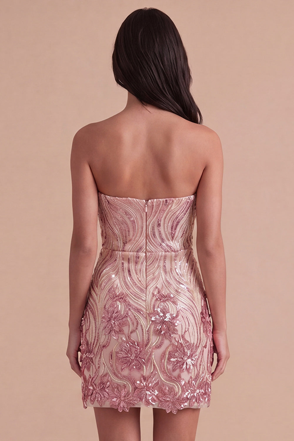 Gold and Pink Sparkly Sequin Floral Bodycon Strapless Short Homecoming Dress