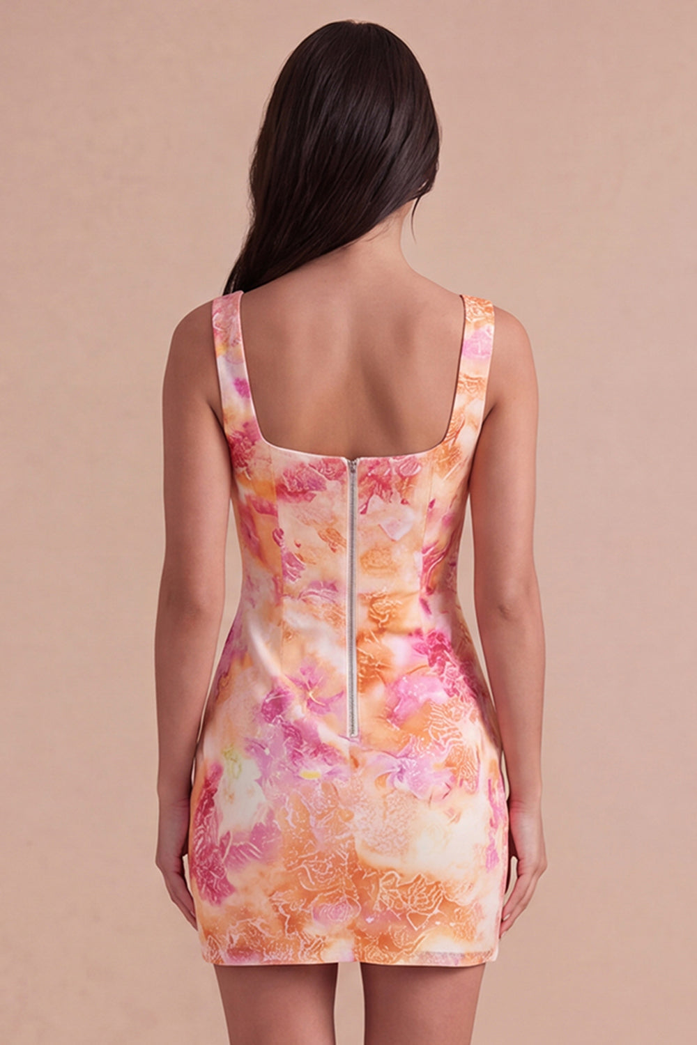 Sparkly Orange Floral Sequin Square Neck Bodycon Short Homecoming Dress