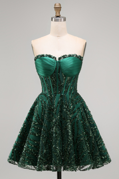 Sparkly Dark Green Sequin Corset  A Line Sweetheart Short Homecoming Dress