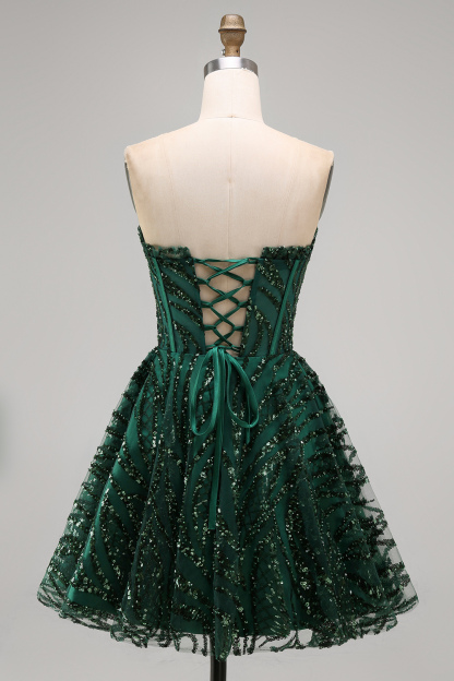 Sparkly Dark Green Sequin Corset  A Line Sweetheart Short Homecoming Dress