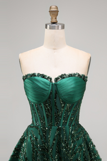 Sparkly Dark Green Sequin Corset  A Line Sweetheart Short Homecoming Dress