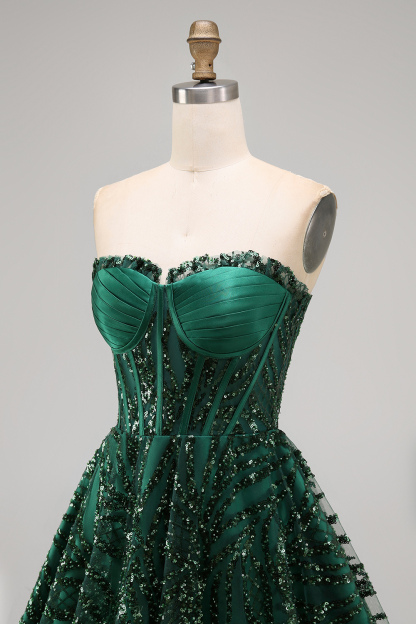 Sparkly Dark Green Sequin Corset  A Line Sweetheart Short Homecoming Dress