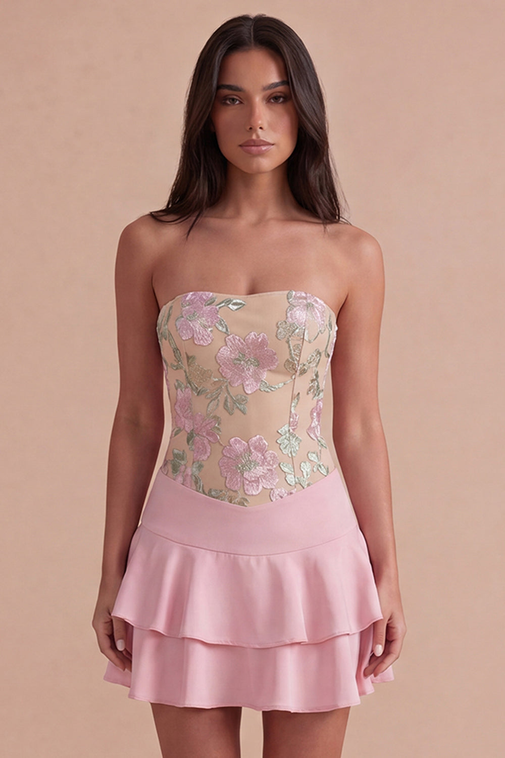 Pink Floral A Line Strapless Short Homecoming Dress with Ruffles