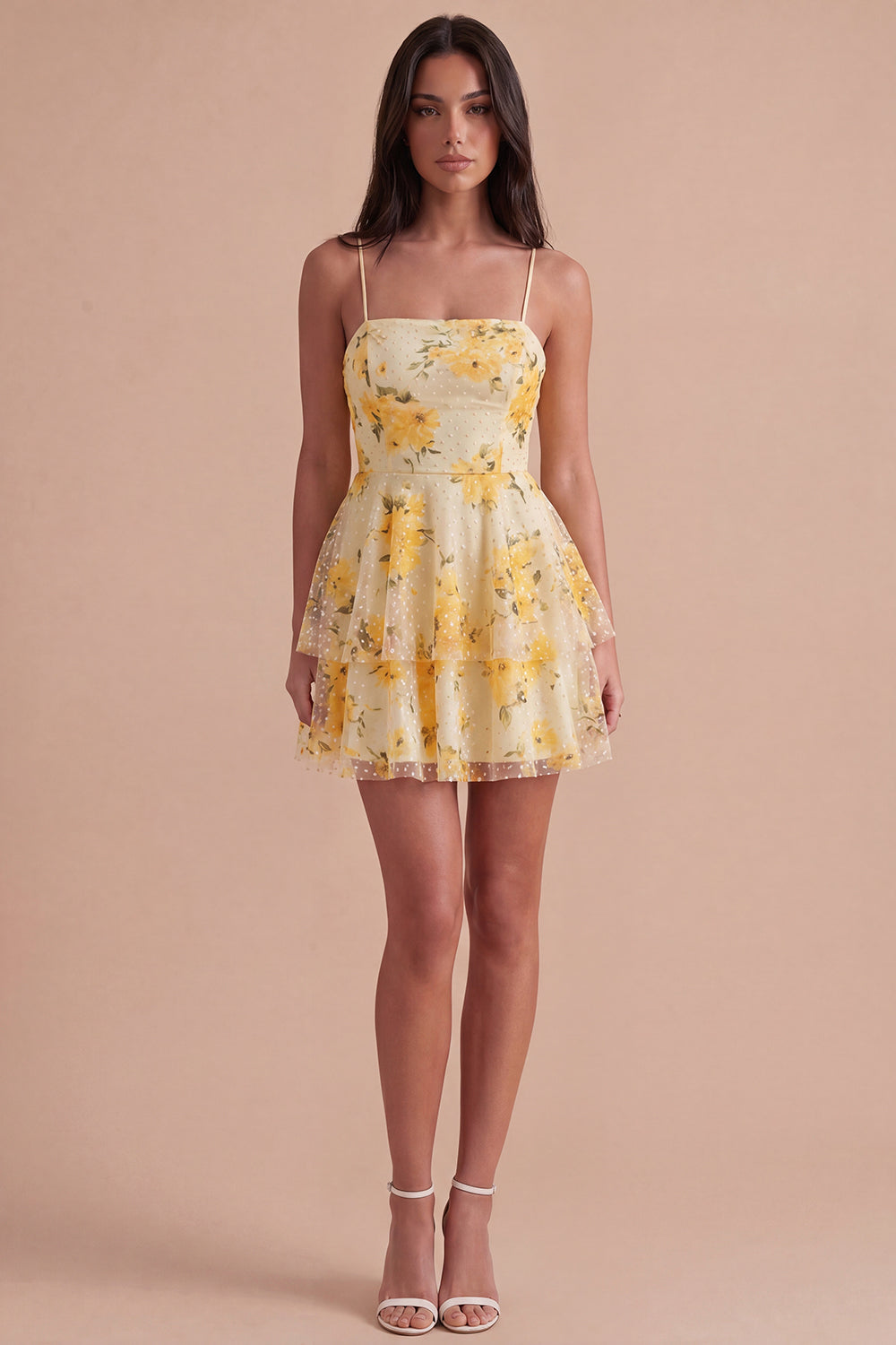 Light Yellow Floral Spaghetti Straps A Line Short Homecoming Dress with Ruffles