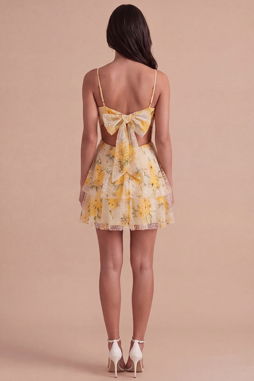 Light Yellow Floral Spaghetti Straps A Line Short Homecoming Dress with Ruffles