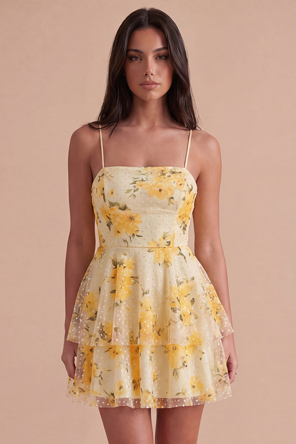 Light Yellow Floral Spaghetti Straps A Line Short Homecoming Dress with Ruffles