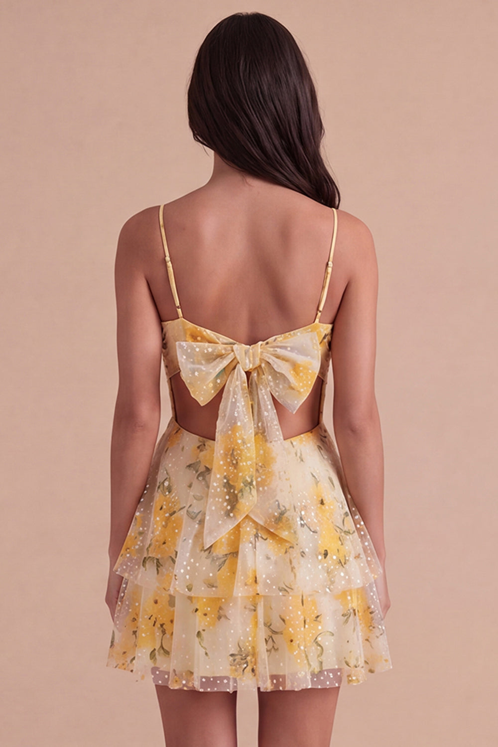 Light Yellow Floral Spaghetti Straps A Line Short Homecoming Dress with Ruffles