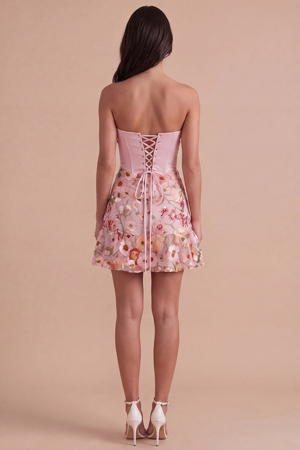 Pink Floral Corset A Line Strapless Short Homecoming Dress