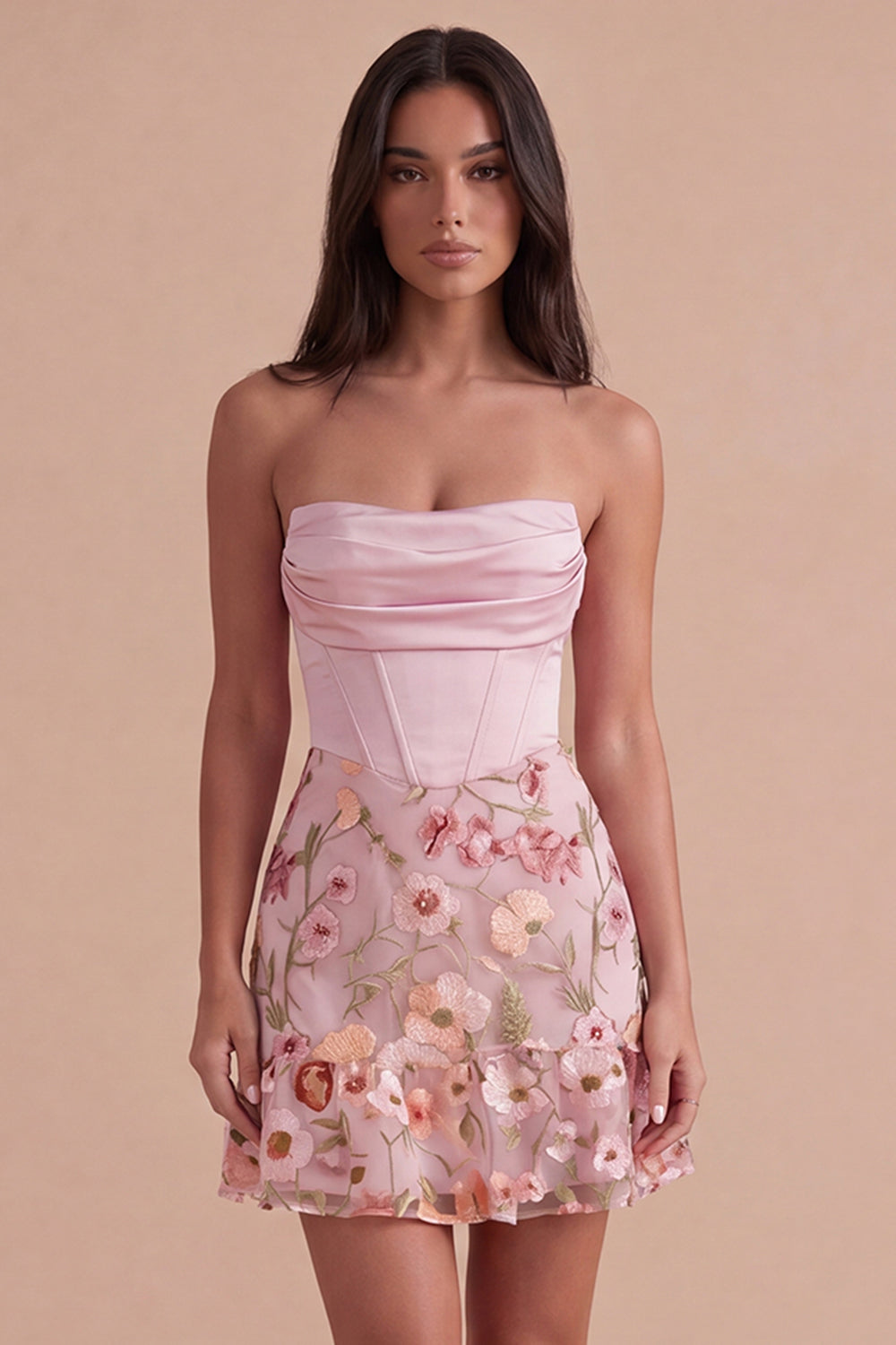 Pink Floral Corset A Line Strapless Short Homecoming Dress