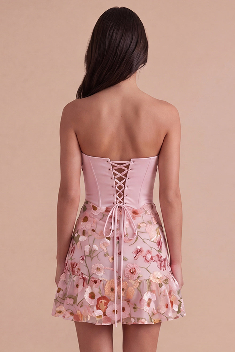 Pink Floral Corset A Line Strapless Short Homecoming Dress