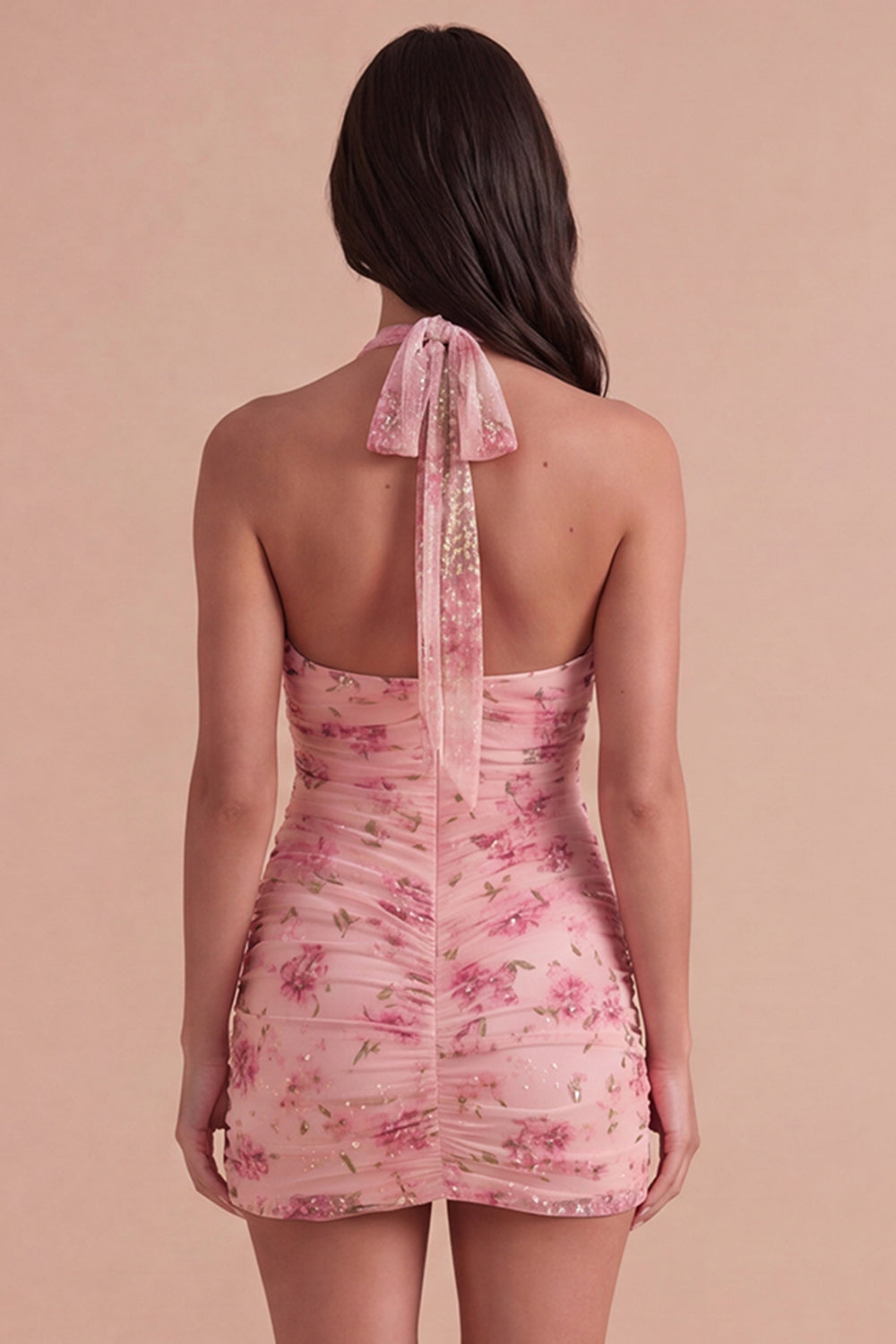 Pink Sparkly Floral Sequin Bodycon Halter Short Homecoming Dress