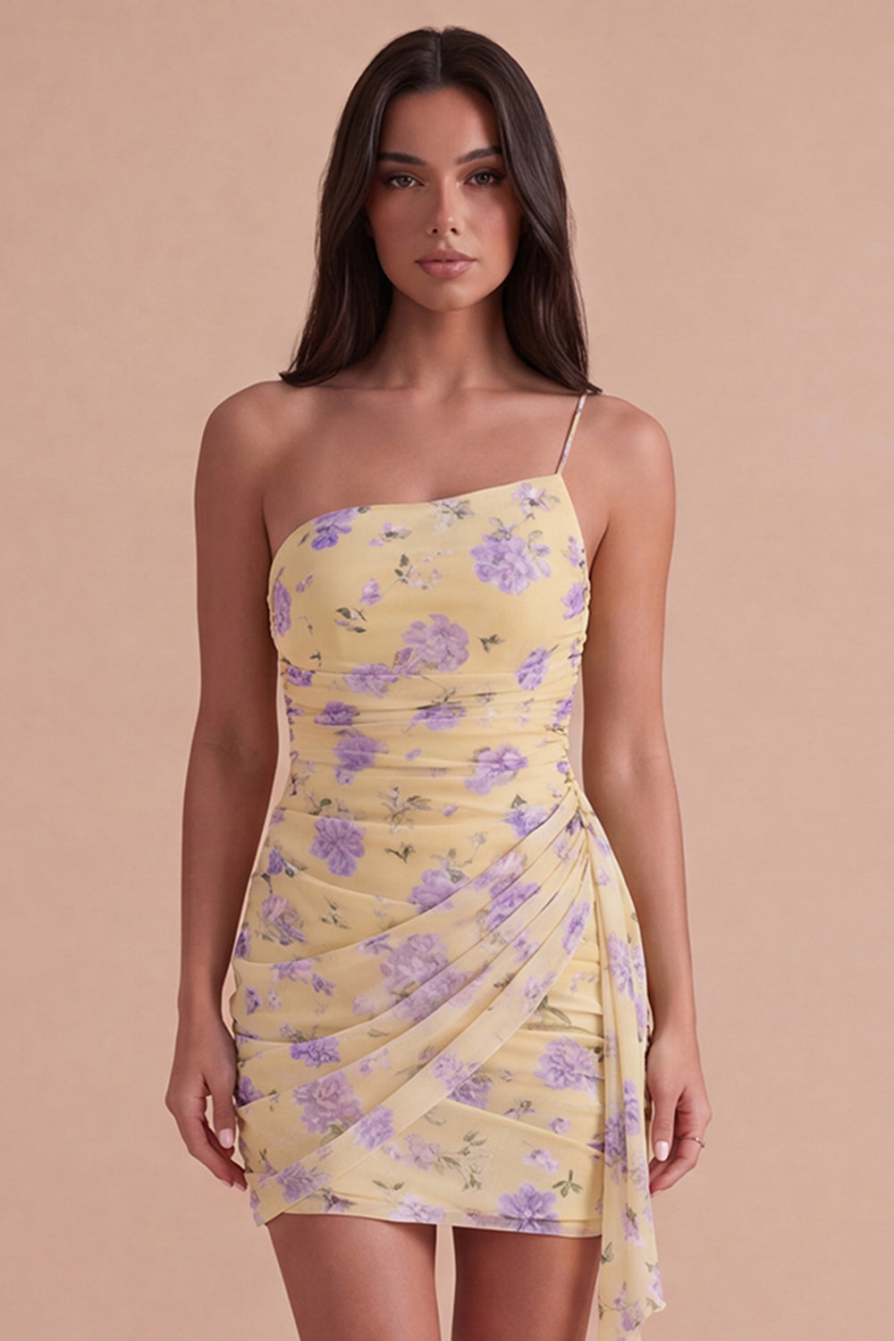 Light Yellow Floral Bodycon One Shoulder Short Homecoming Dress