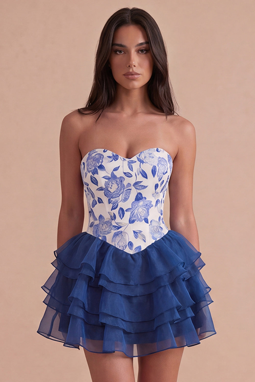 Blue Floral A Line Sweetheart Ruffled Short Homecoming Dress