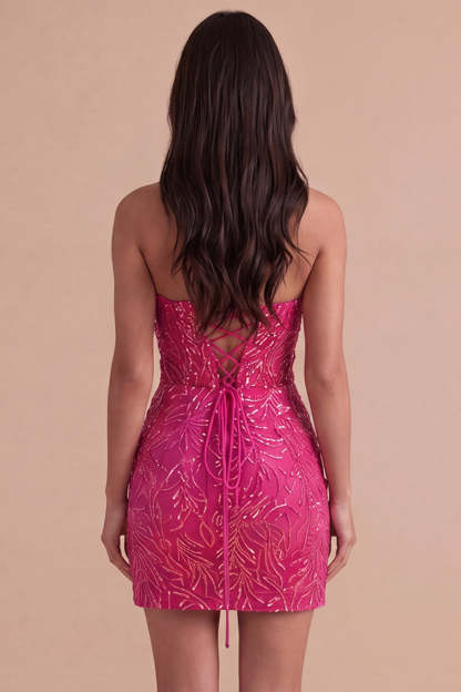 Fuchsia Sparkly Sequin Strapless Bodycon Short Homecoming Dress