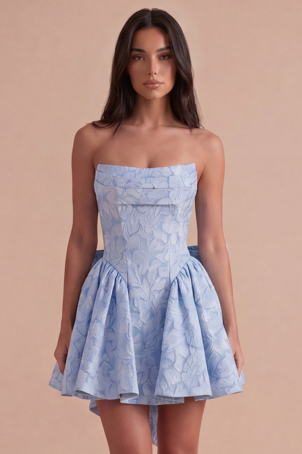 Blue Floral Strapless A Line Short Homecoming Dress with Bow