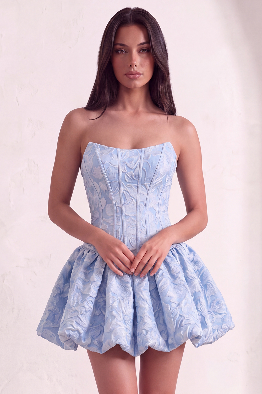 Blue Floral Corset Strapless A Line Short Homecoming Dress