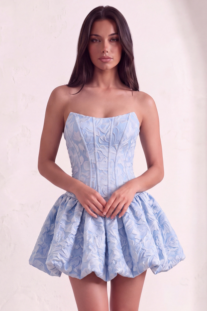 Blue Floral Corset Strapless A Line Short Homecoming Dress