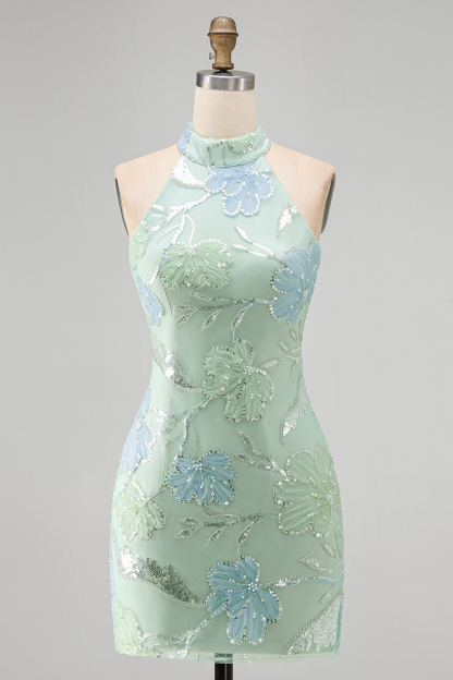 Sparkly Mint Green Floral Sequin Halter Bodycon Short Homecoming Dress
