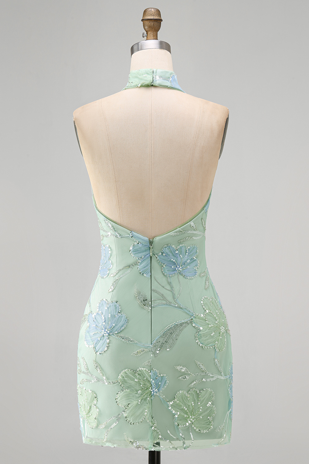 Sparkly Mint Green Floral Sequin Halter Bodycon Short Homecoming Dress