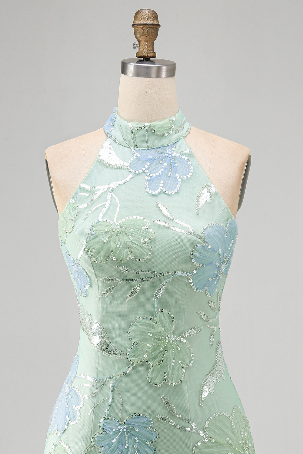 Sparkly Mint Green Floral Sequin Halter Bodycon Short Homecoming Dress