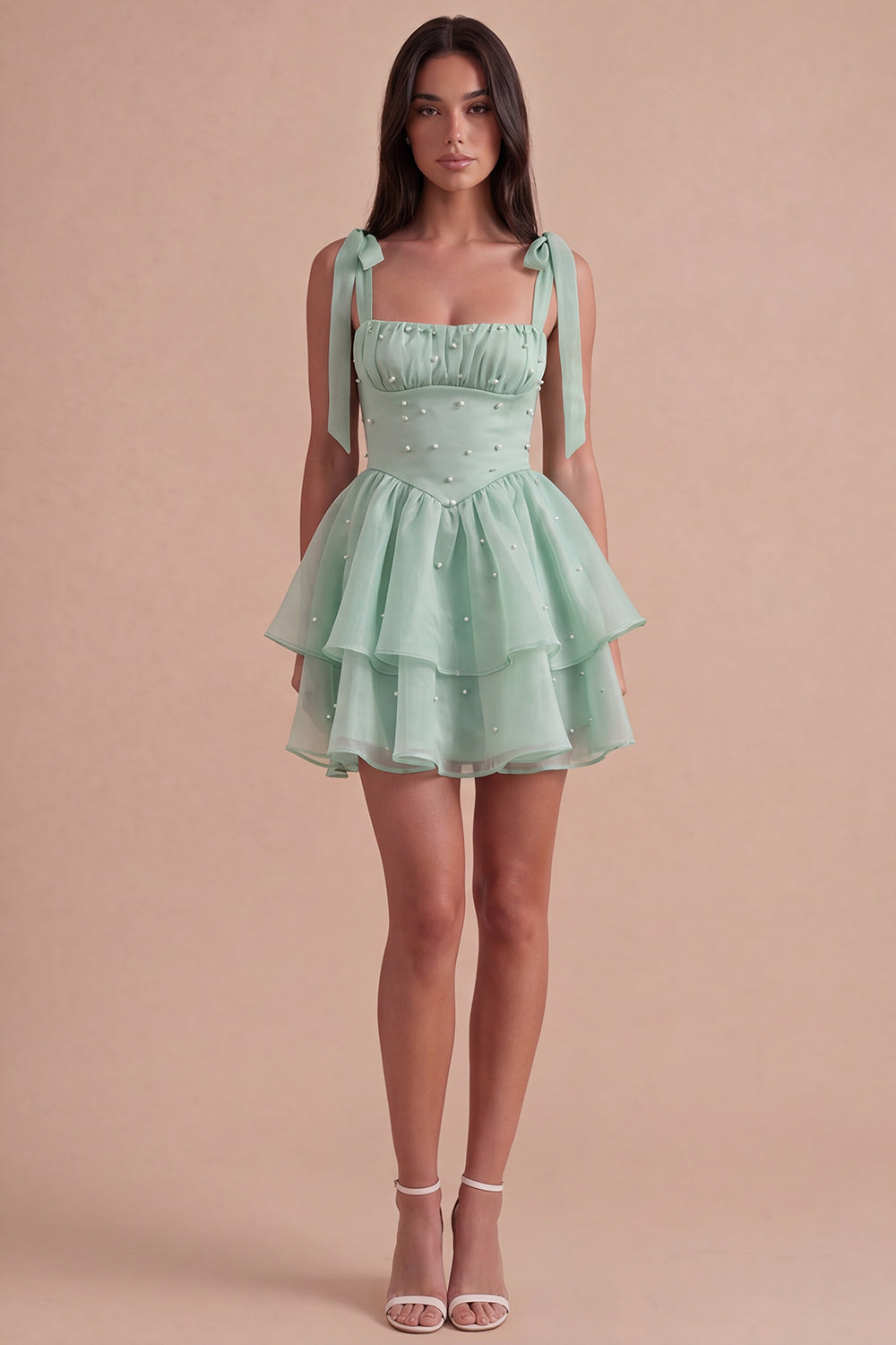 Sparkly Light Green Beaded Ruffled Square Neck A Line Short Homecoming Dress