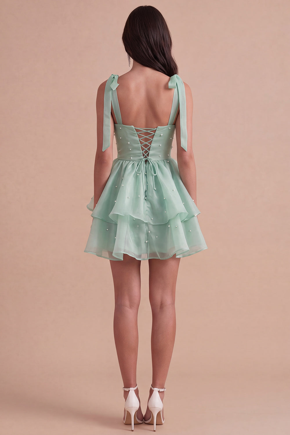 Sparkly Light Green Beaded Ruffled Square Neck A Line Short Homecoming Dress