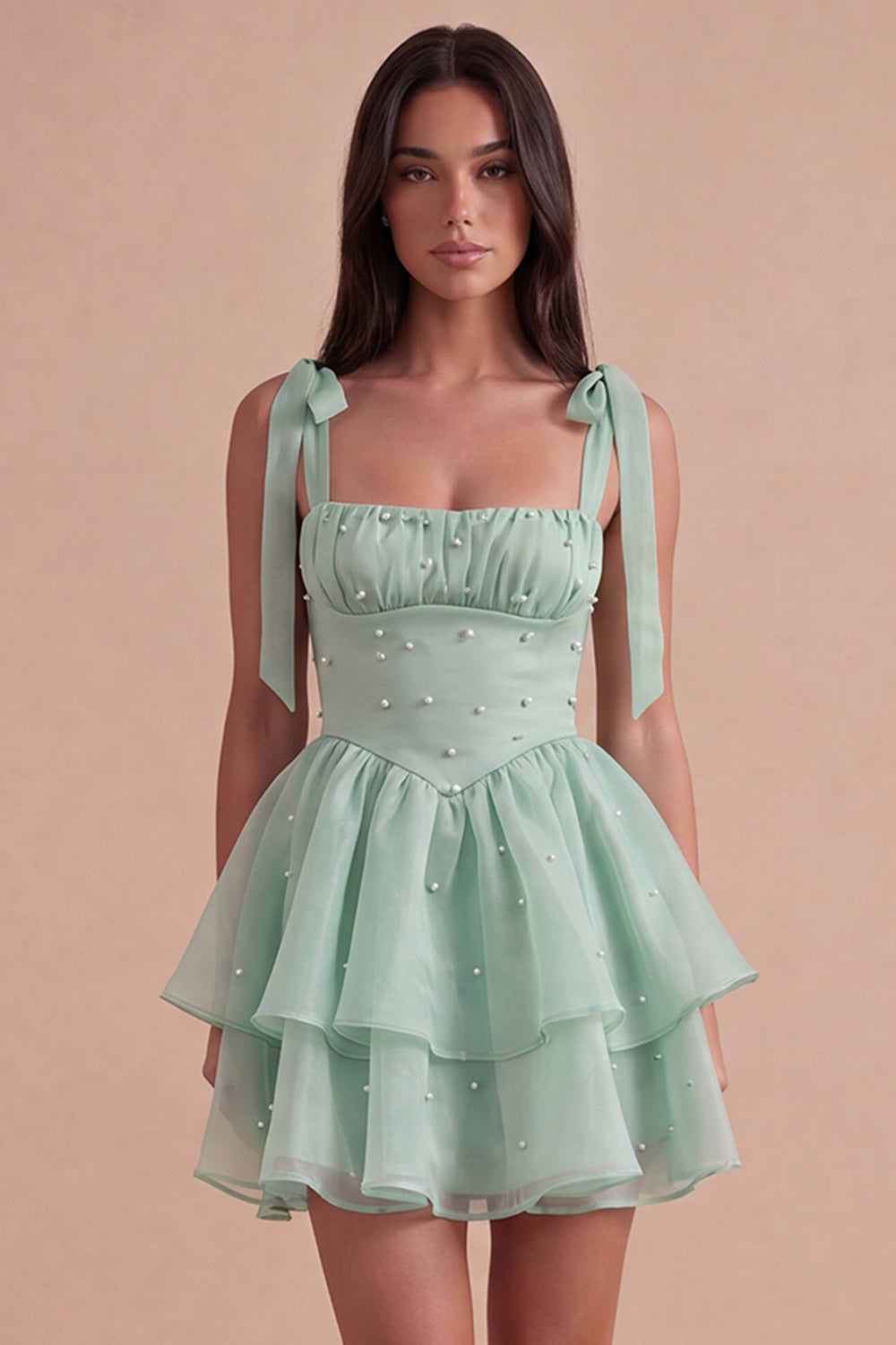 Sparkly Light Green Beaded Ruffled Square Neck A Line Short Homecoming Dress