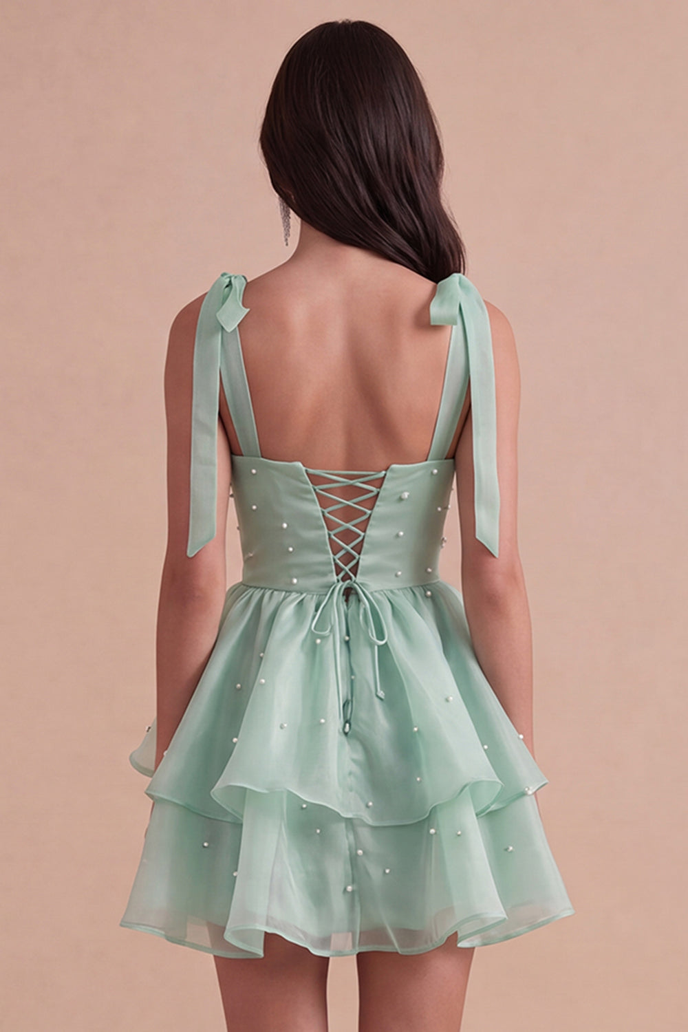 Sparkly Light Green Beaded Ruffled Square Neck A Line Short Homecoming Dress