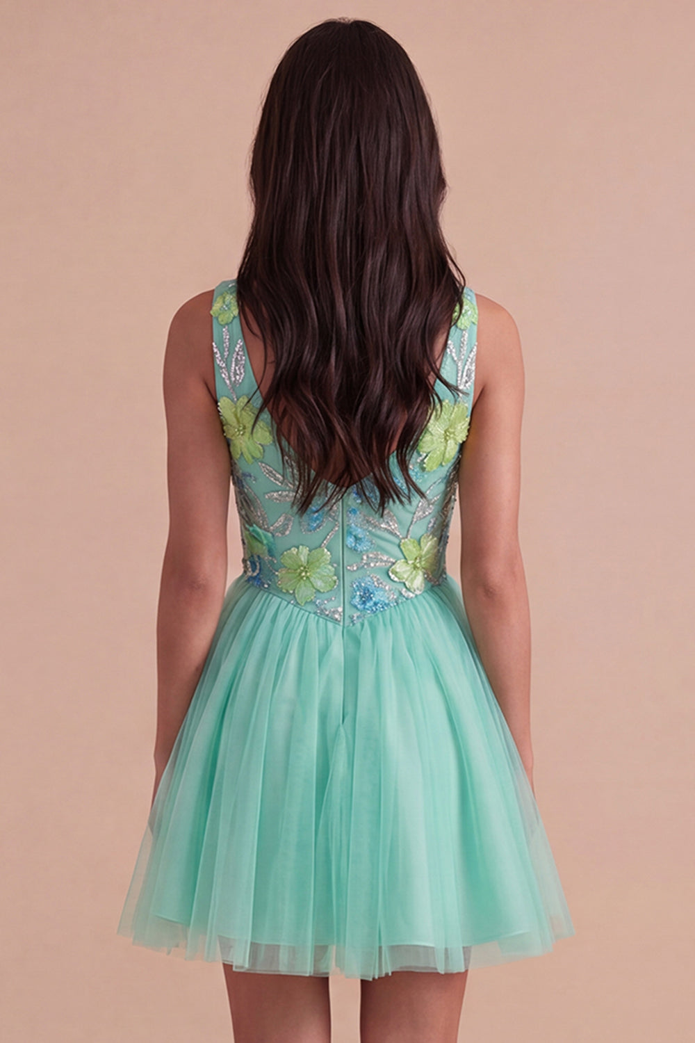 Sparkly Mint Green Floral V-Neck A Line Short Homecoming Dress