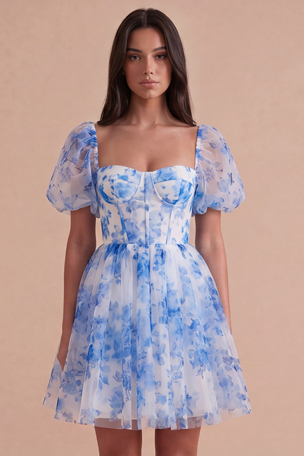 Blue Corset Floral Square Neck A Line Short Homecoming Dress