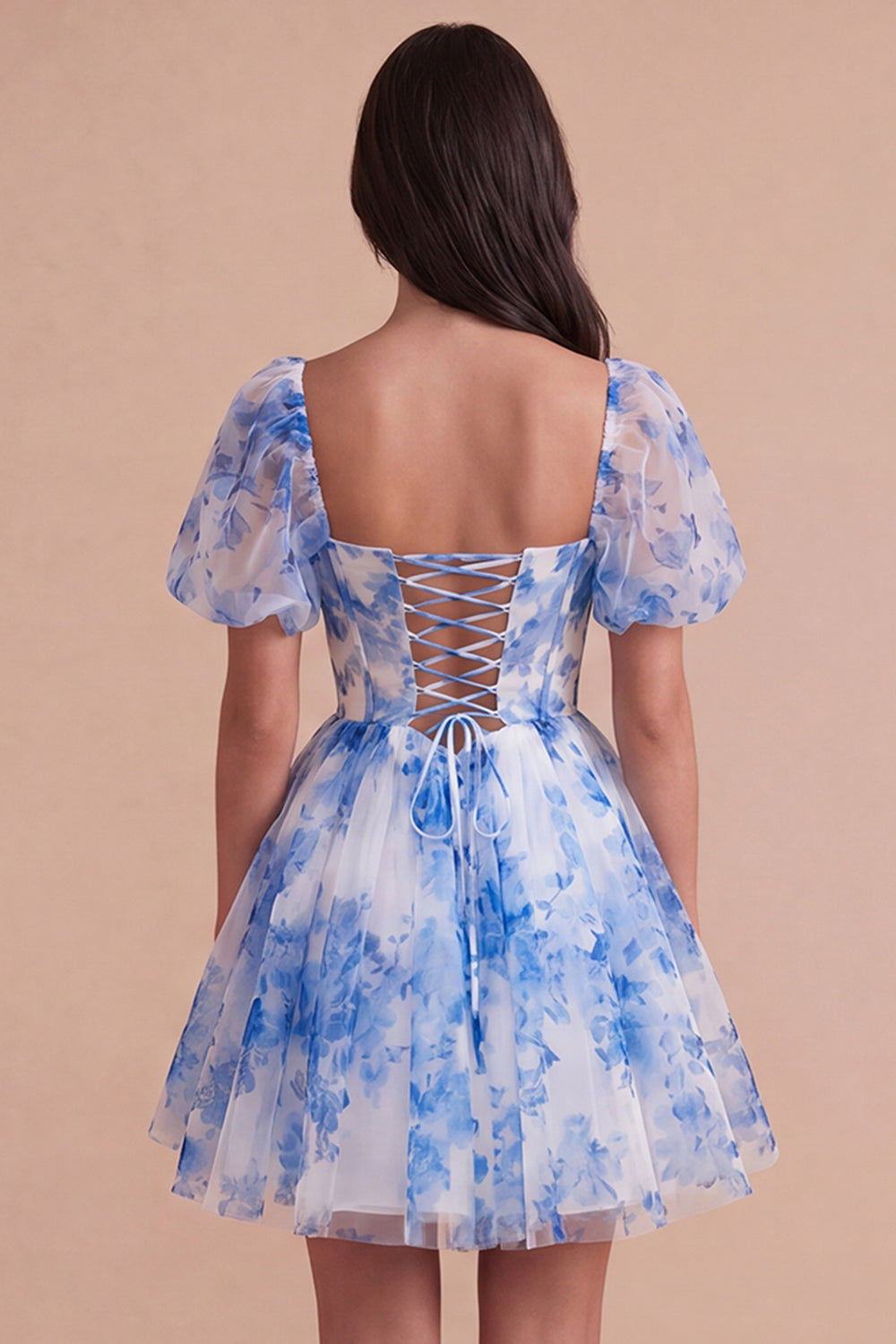 Blue Corset Floral Square Neck A Line Short Homecoming Dress
