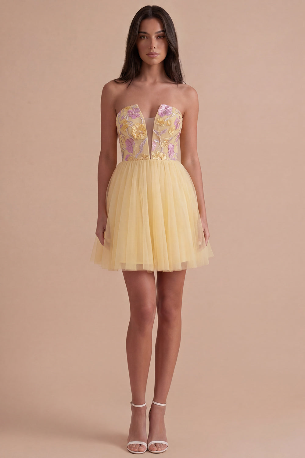Yellow Floral Strapless Short Homecoming Dress