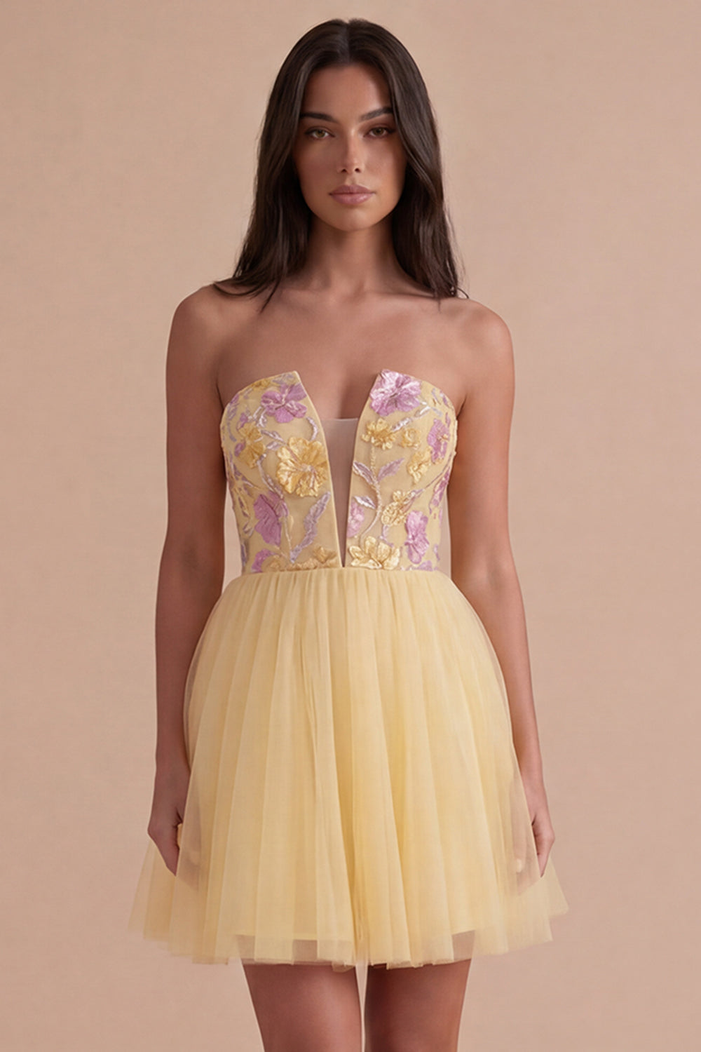 Yellow Floral Strapless Short Homecoming Dress