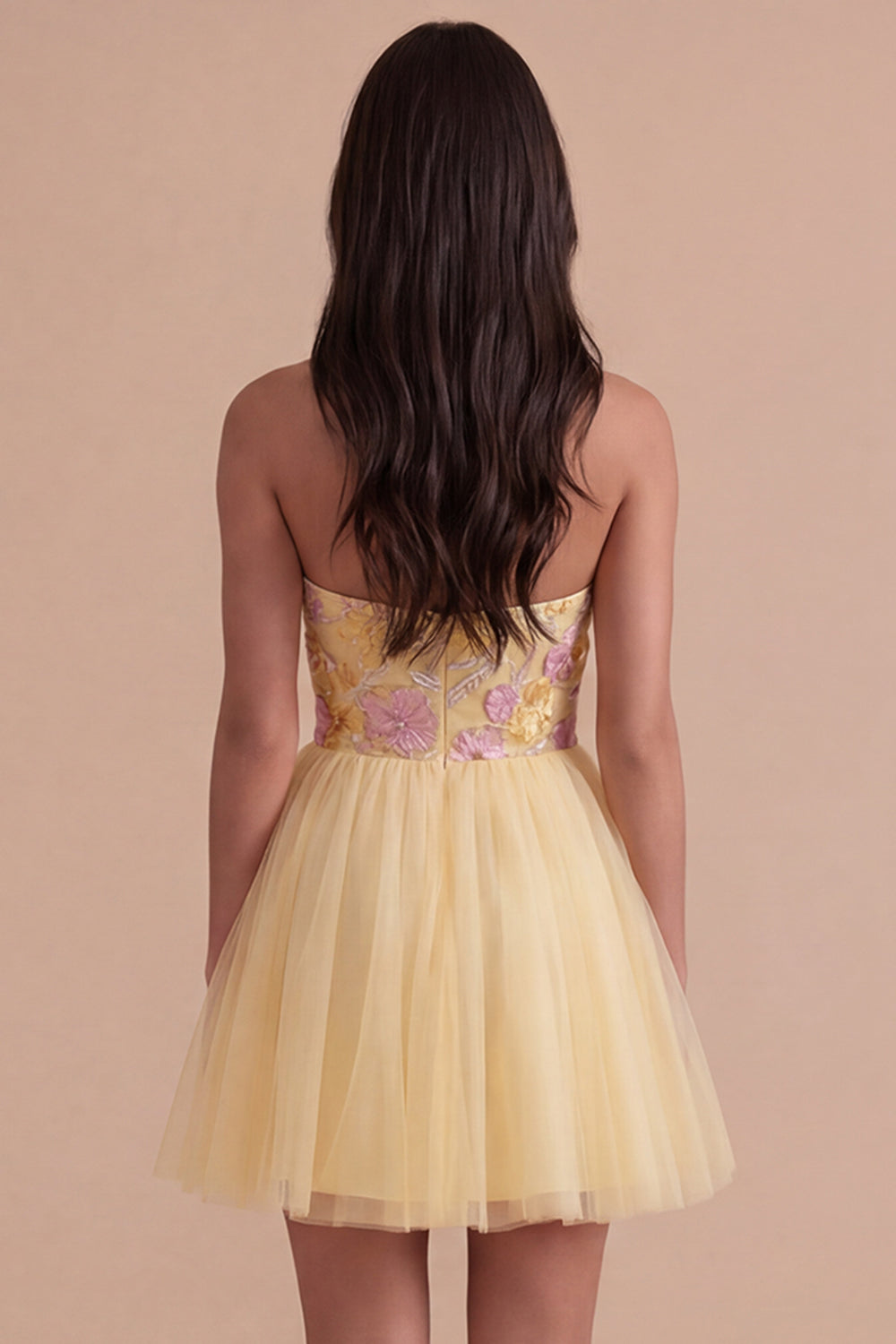 Yellow Floral Strapless Short Homecoming Dress