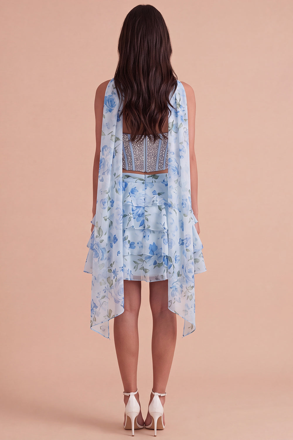 Ligth Blue 2 Piece Sparkly Floral Corset Sequin Short Homecoming Dress