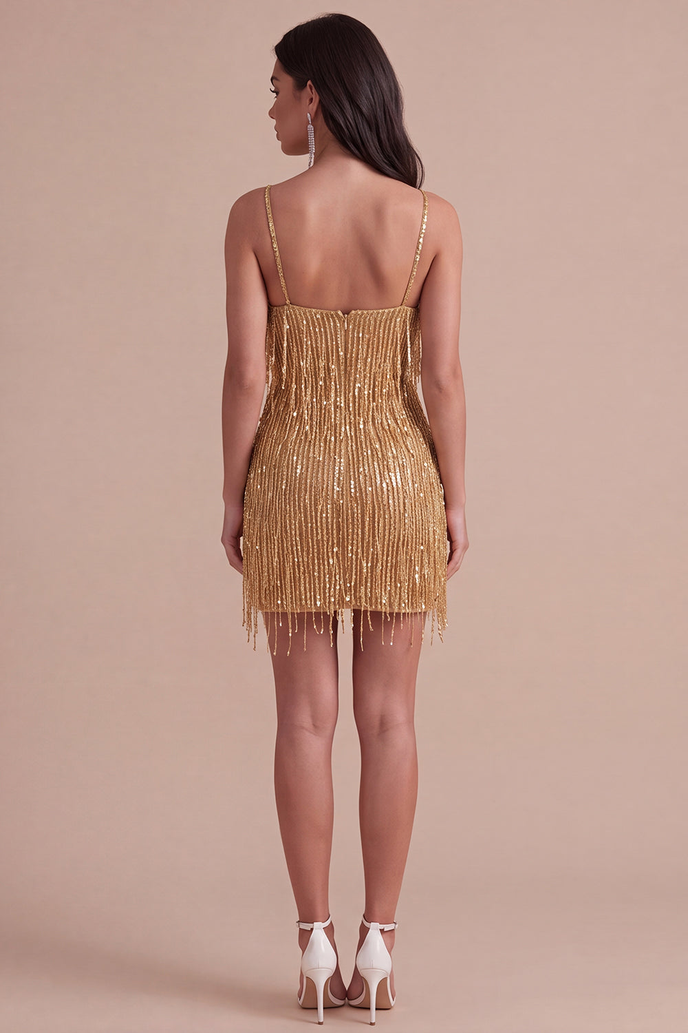 Gold Sparkly Sequin Fringed Short Homecoming Dress