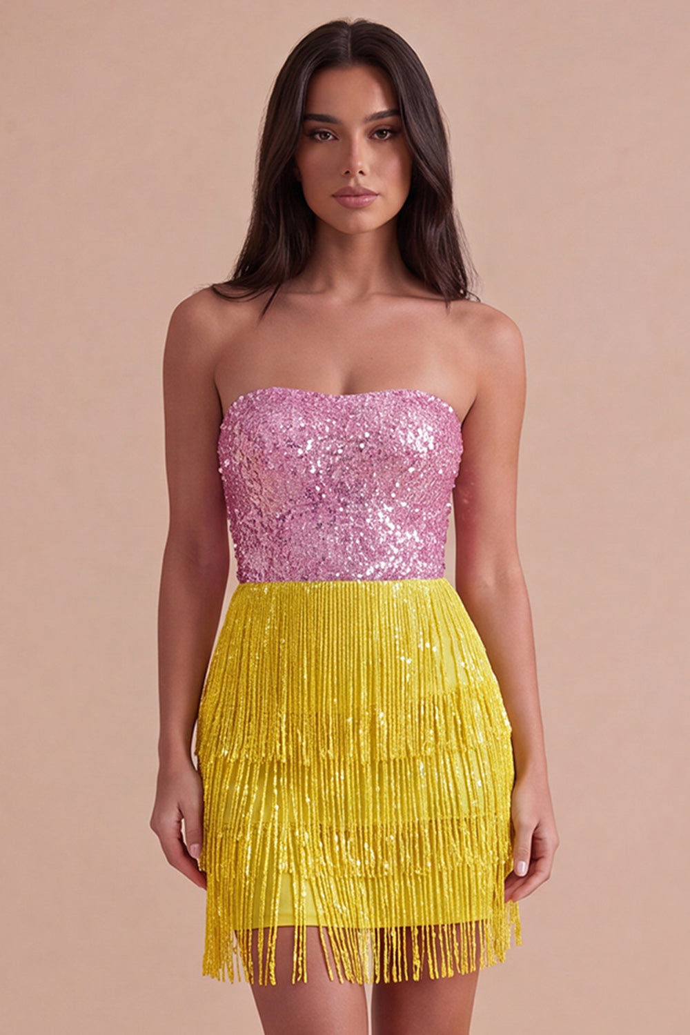 Sparkly Pink and Yellow Sequin Fringed Short Homecoming Dress