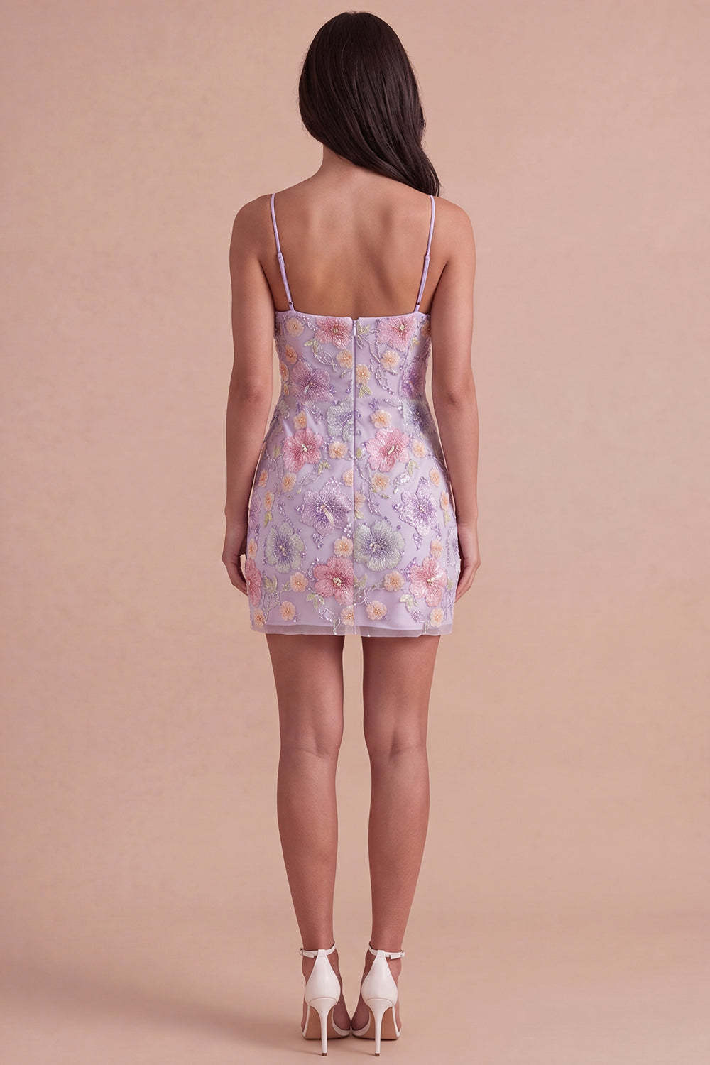 Lilac Floral Sparkly Sequin Beaded Short Homecoming Dress