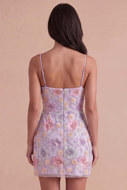 Lilac Floral Sparkly Sequin Beaded Short Homecoming Dress