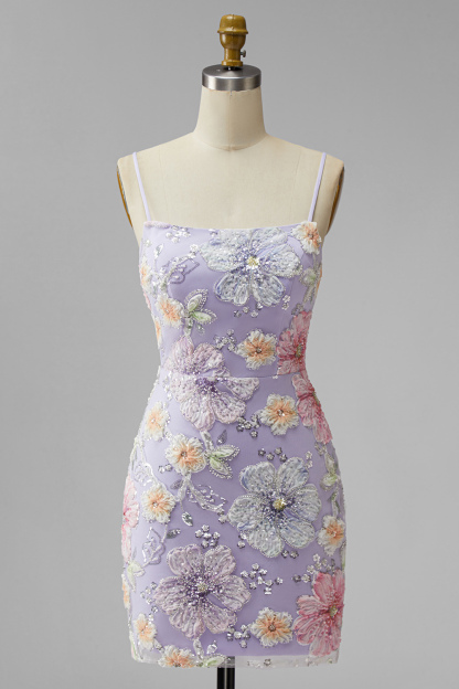 Lilac Floral Sparkly Sequin Beaded Short Homecoming Dress