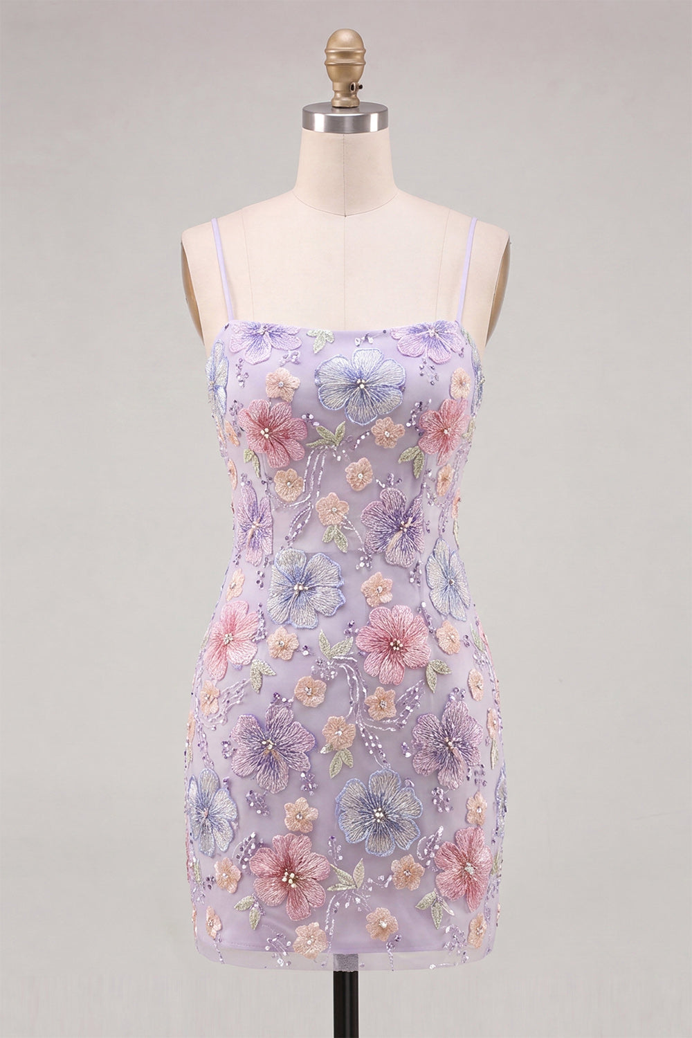 Lilac Floral Sparkly Sequin Beaded Short Homecoming Dress
