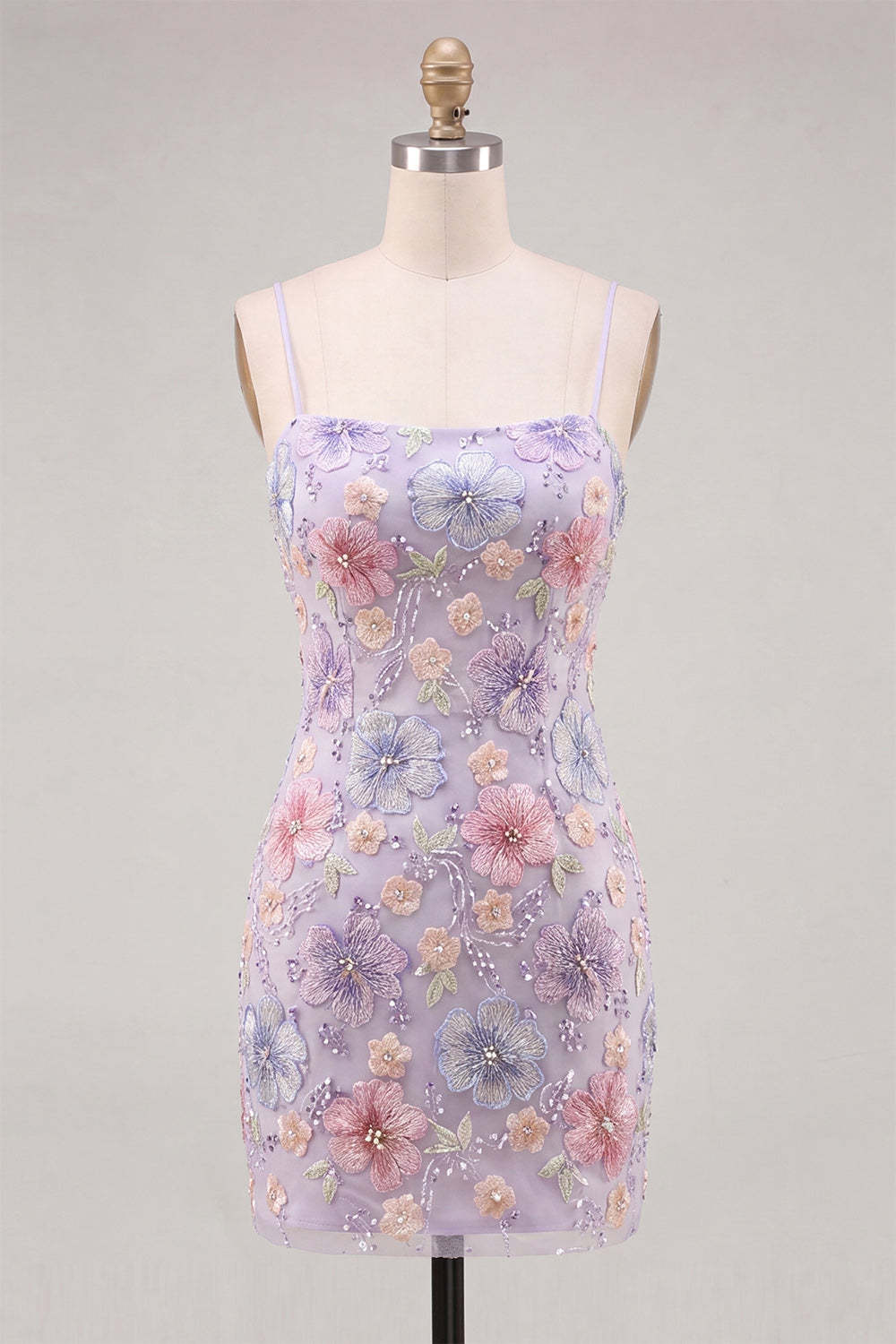 Lilac Floral Sparkly Sequin Beaded Short Homecoming Dress