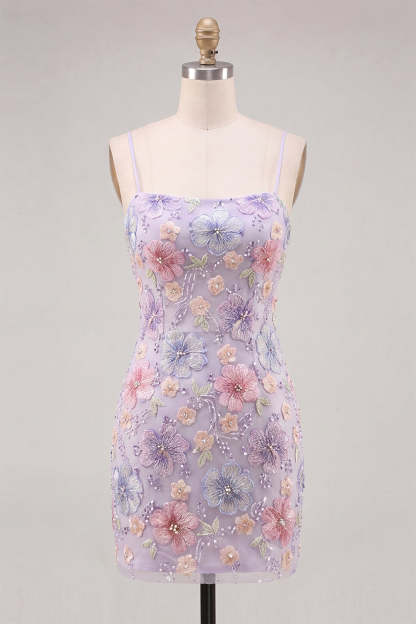 Lilac Floral Sparkly Sequin Beaded Short Homecoming Dress